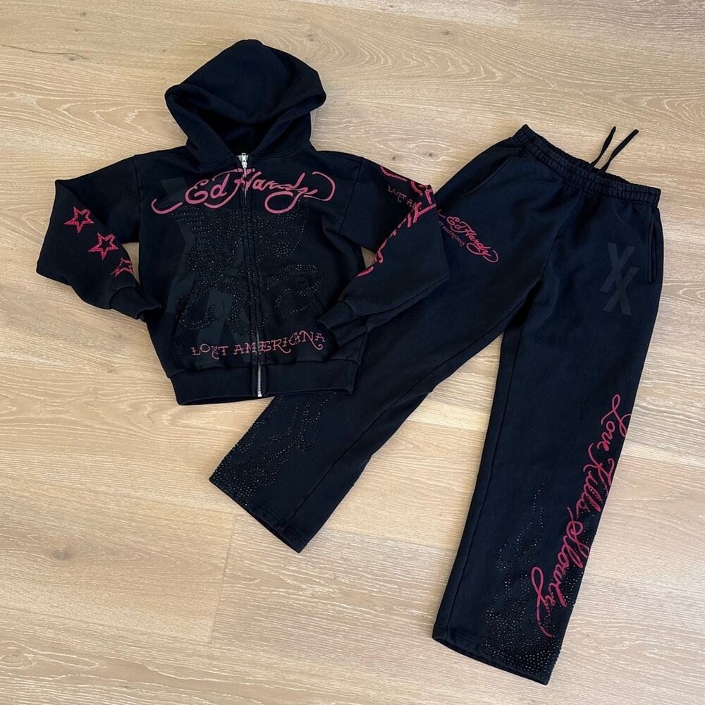 Ed Hardy x MGK Flames Rhinestone Hoodie and Sweatpants Size S in Black